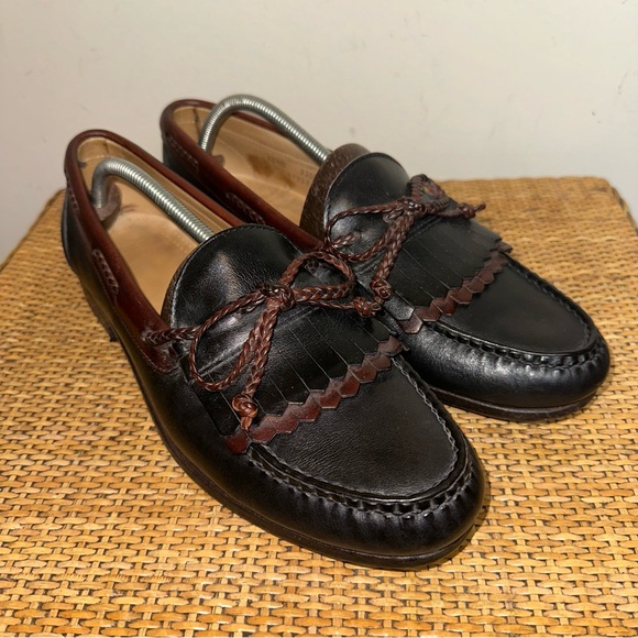 Allen Edmonds Loafers Woodstock 10.5D Slip On Kiltie Tassel 2 Tone Black Brown - Picture 1 of 11
